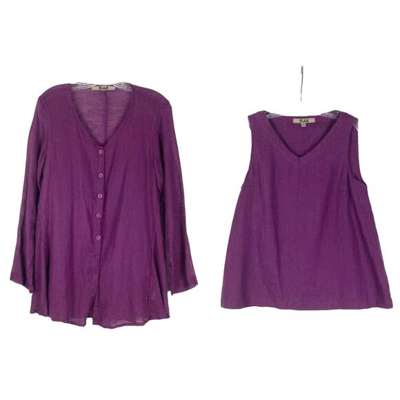 NWOT FLAX 2 Piece Set Top Tunic Jacket S Linen Purple Long Sleeve Button Up